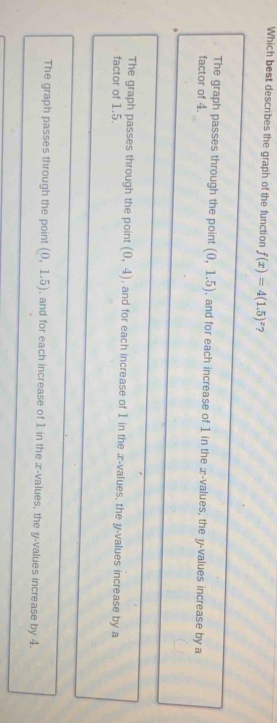 which best describes the graph of the function $f(x) = 4(1.5)^x$? the g…