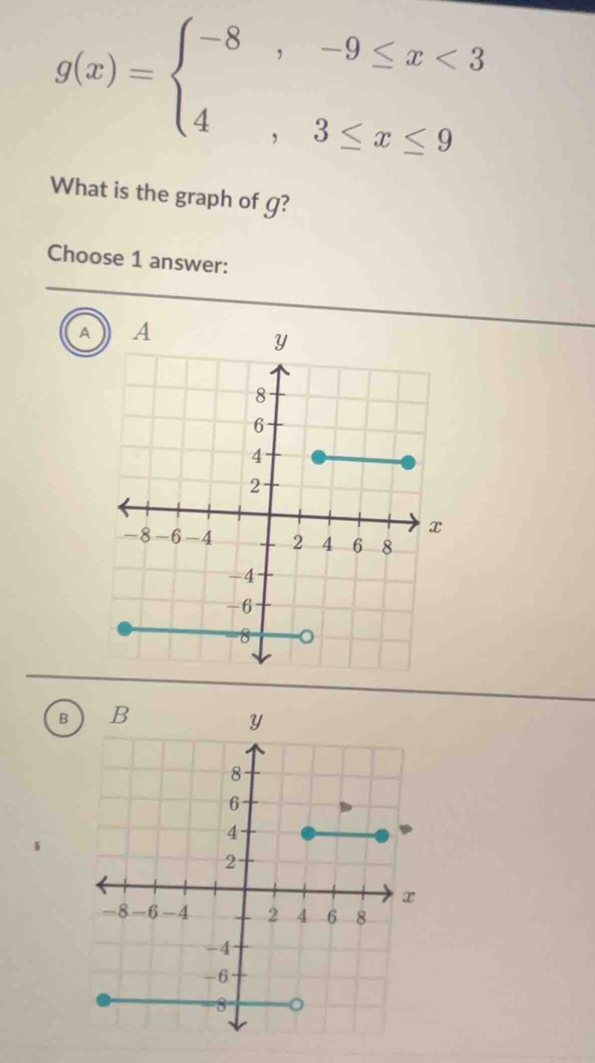 g(x) = \\begin{cases} -8, & -9 \\leq x < 3 \\\\ 4, & 3 \\leq x \\leq 9 …