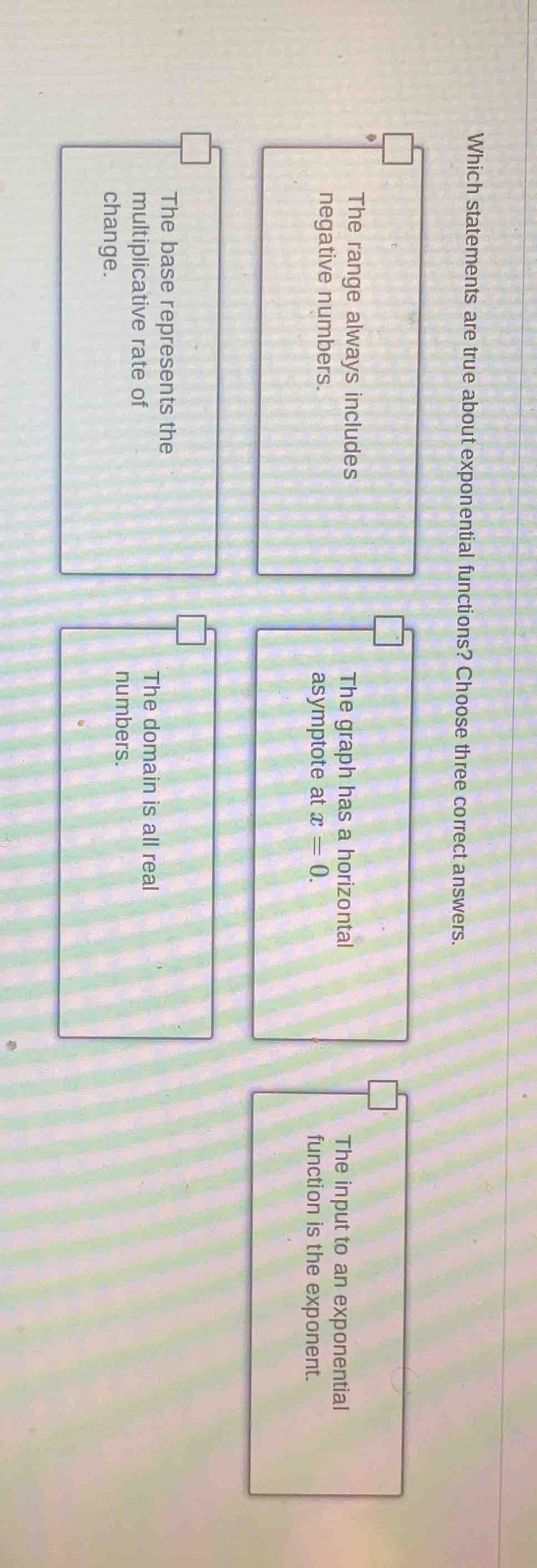 which statements are true about exponential functions? choose three cor…