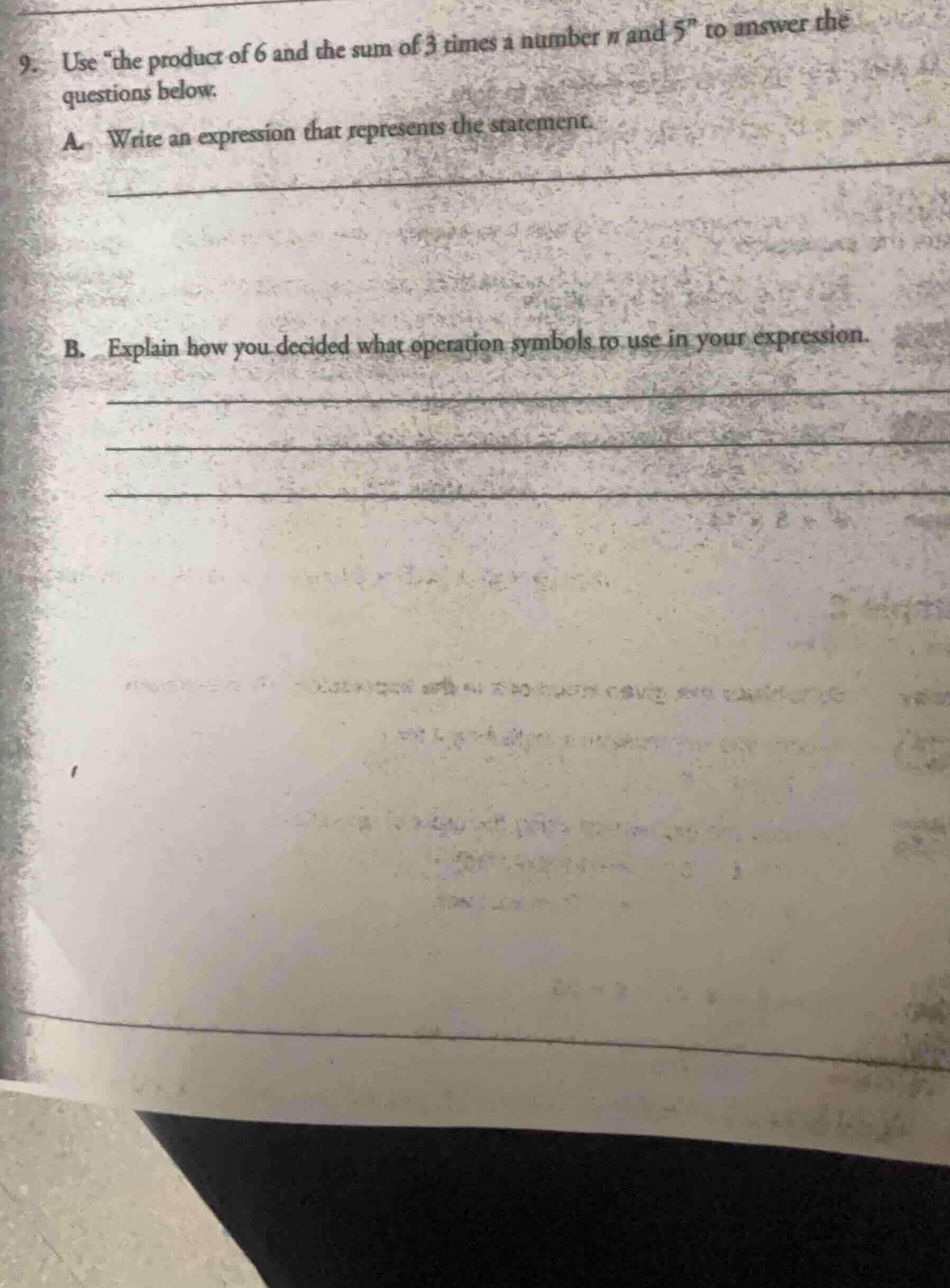 9. use \the product of 6 and the sum of 3 times a number n and 5\ to an…