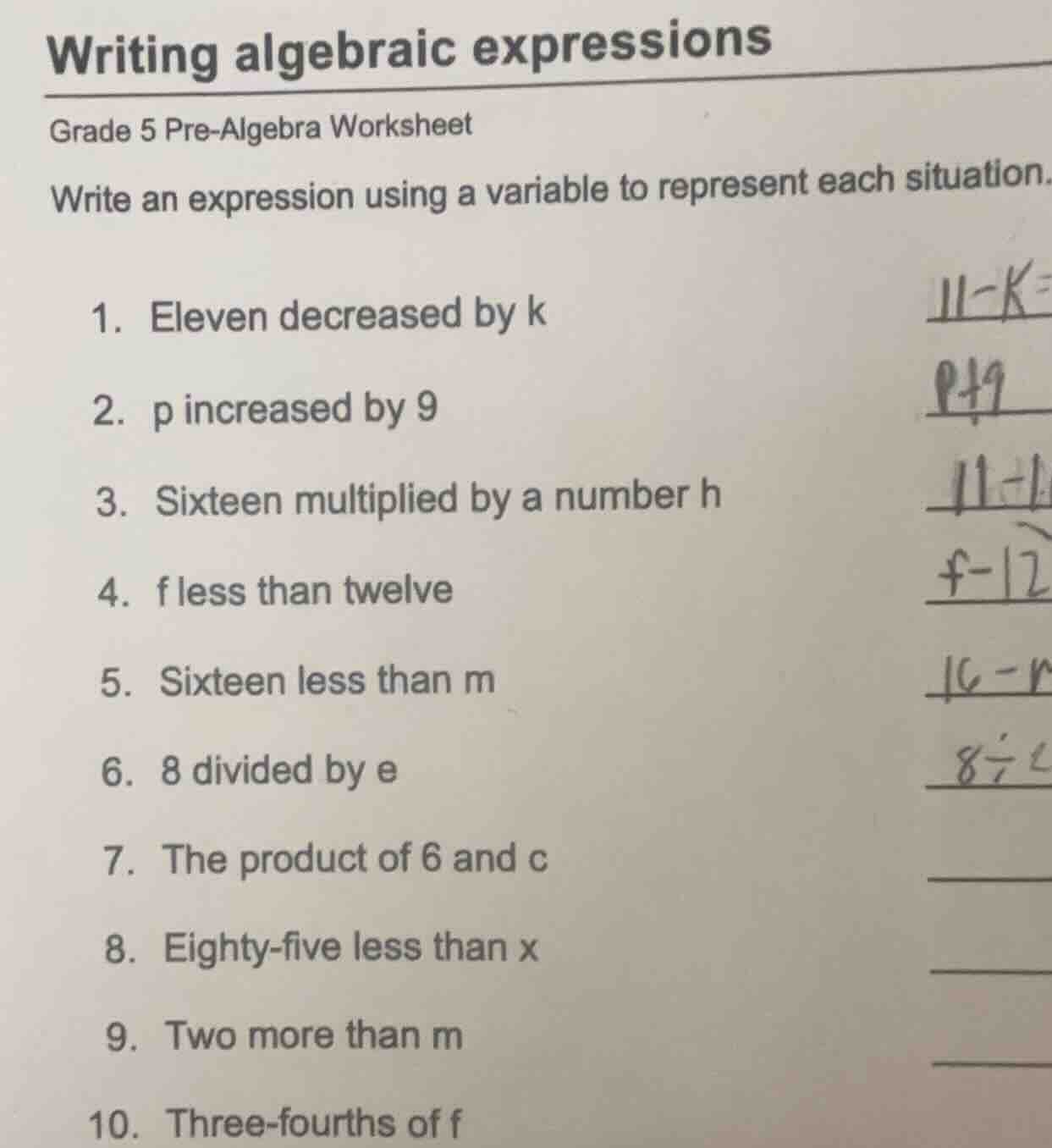 writing algebraic expressions grade 5 pre - algebra worksheet write an …