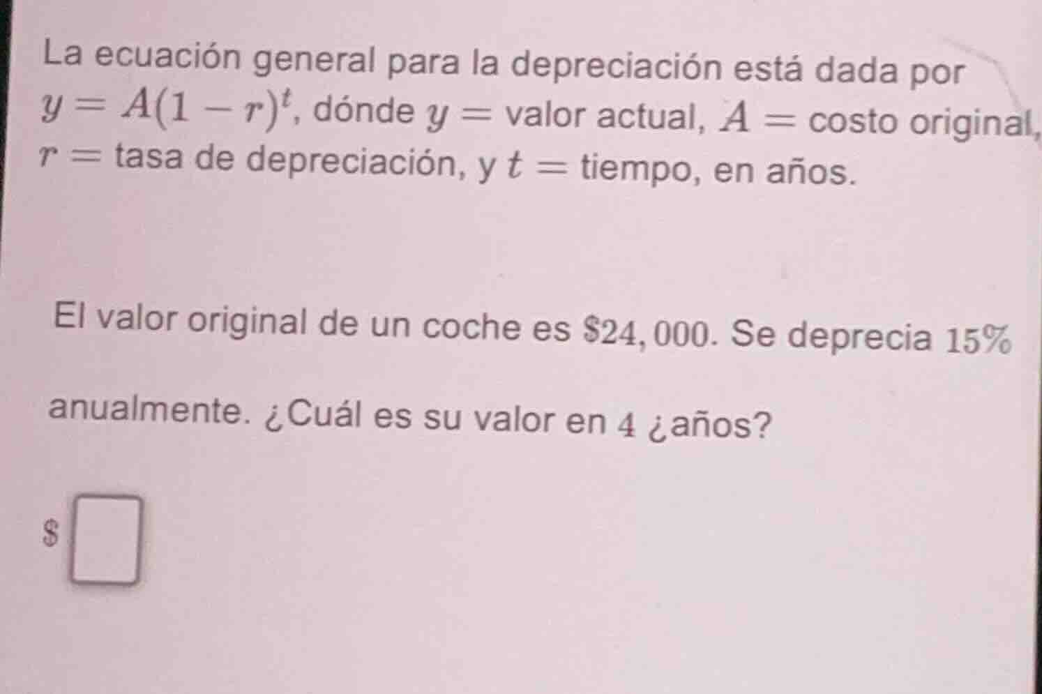 la ecuación general para la depreciación está dada por $y = a(1 - r)^t$…