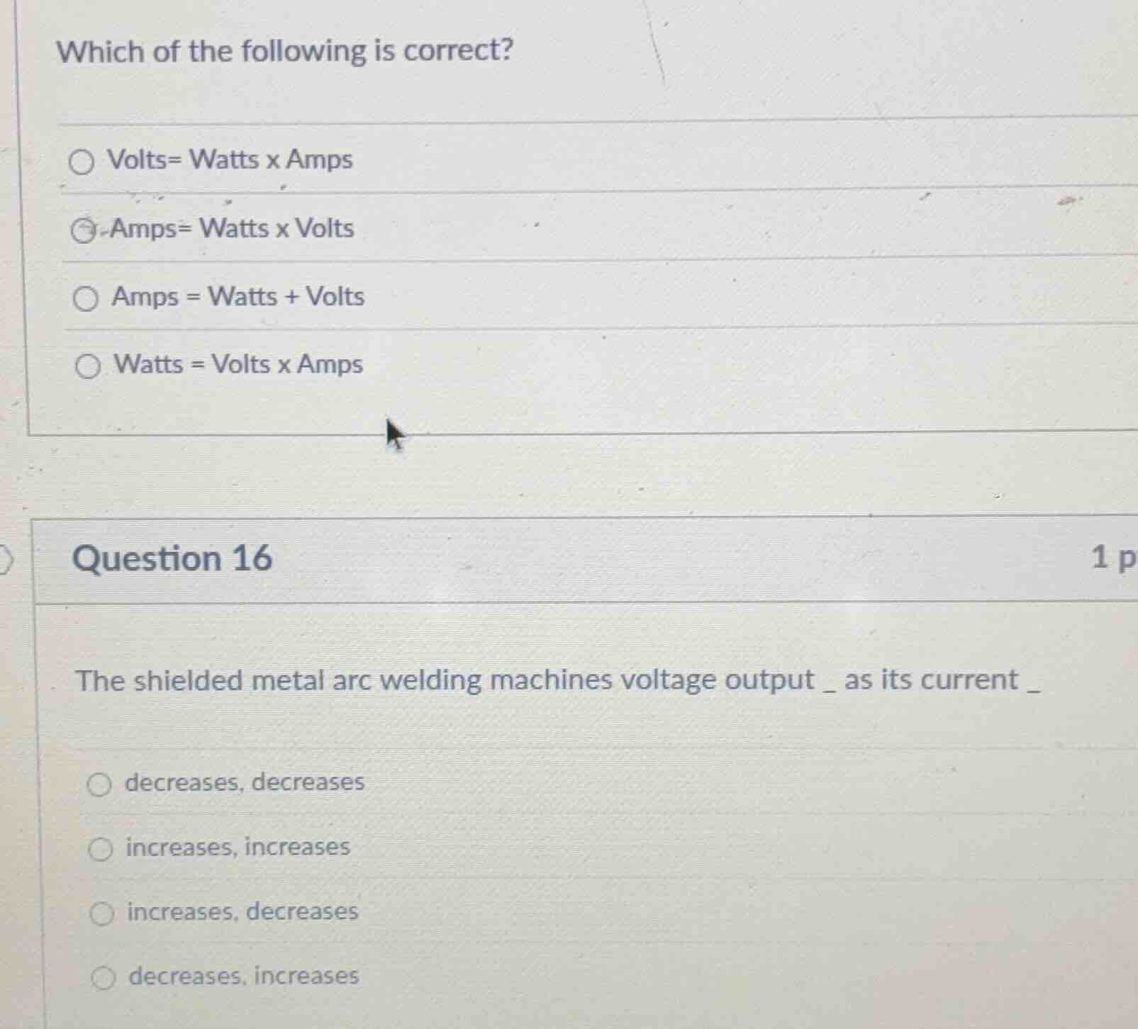 which of the following is correct? volts= watts x amps amps= watts x vo…