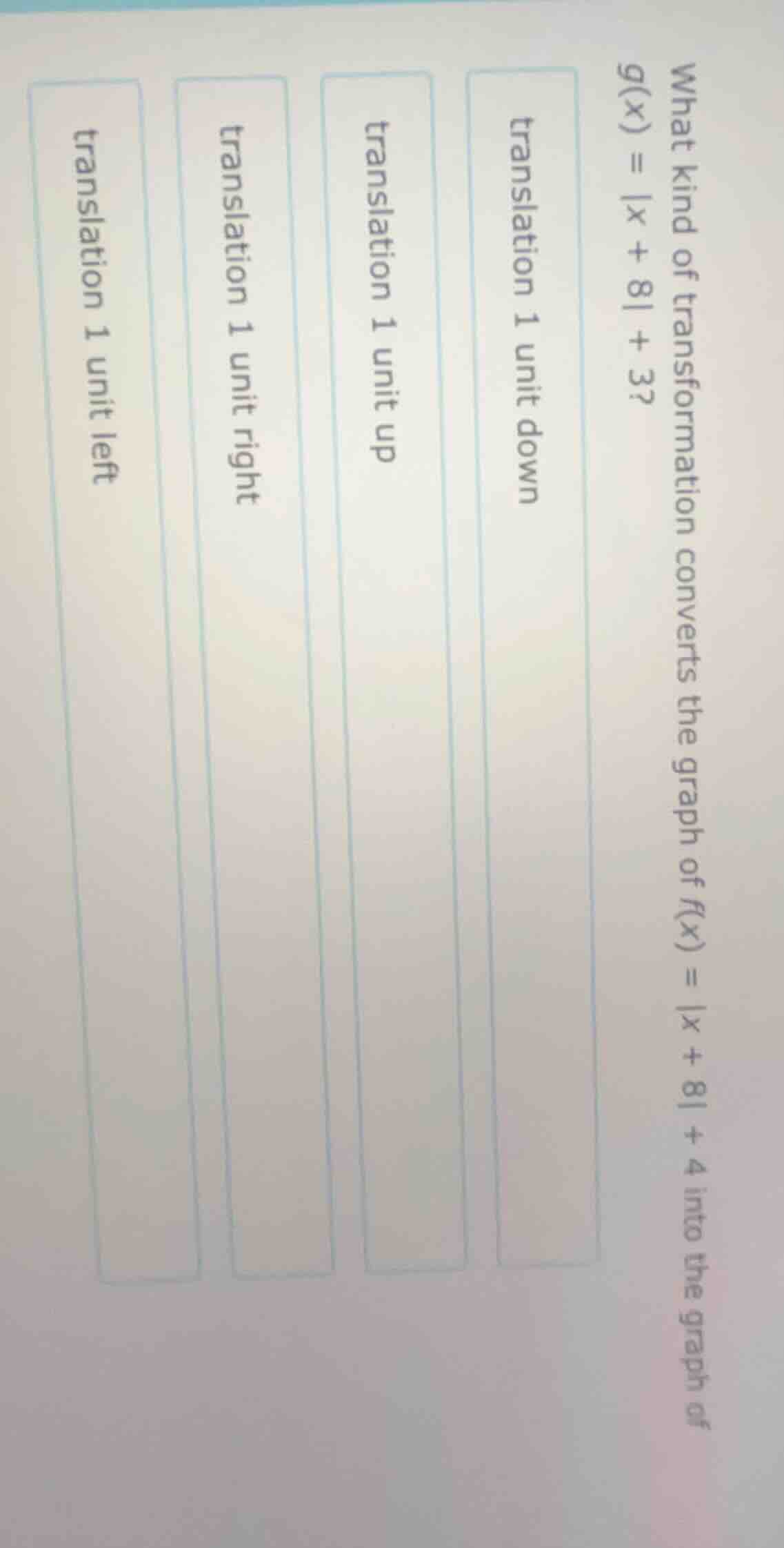 what kind of transformation converts the graph of f(x) = |x + 8| + 4 in…