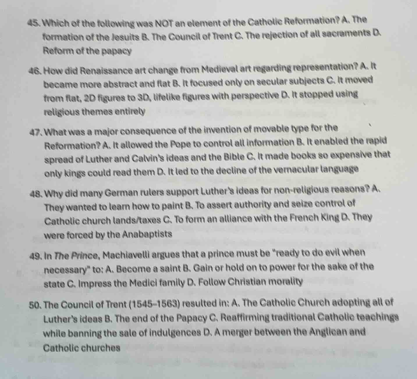 45. which of the following was not an element of the catholic reformati…