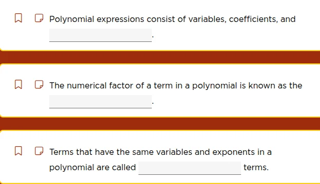 polynomial expressions consist of variables, coefficients, and ______. …