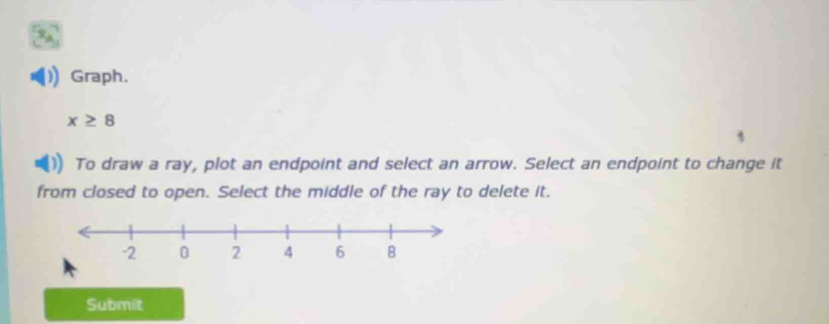 graph. x ≥ 8 to draw a ray, plot an endpoint and select an arrow. selec…