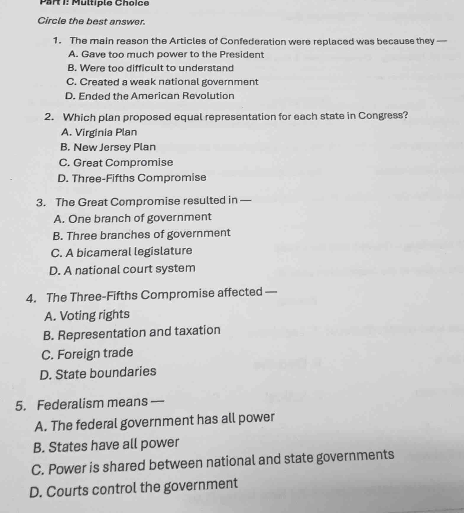 part i: multiple choice circle the best answer. 1. the main reason the …