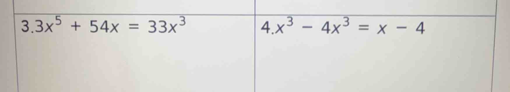 3. $3x^5 + 54x = 33x^3$ 4. $x^3 - 4x^3 = x - 4$