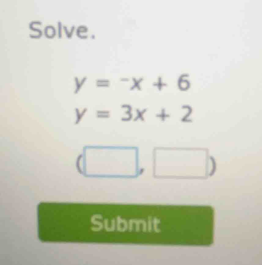 solve. $y = -x + 6$ $y = 3x + 2$ ( , ) submit