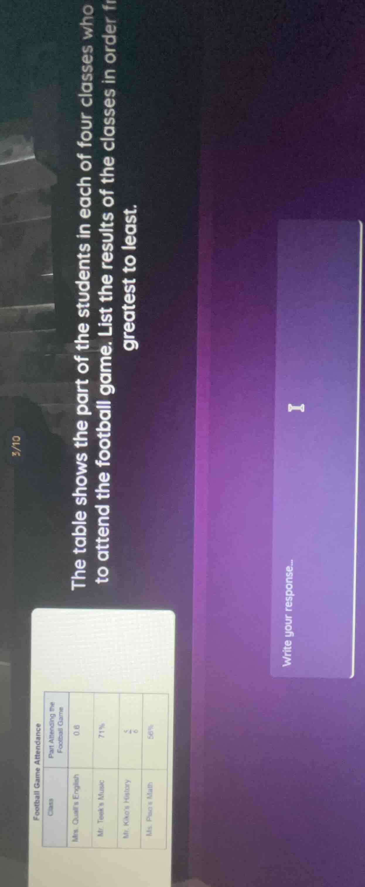 football game attendance the table shows the part of the students in ea…