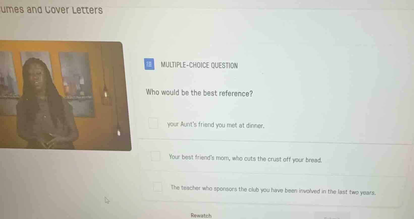multiple-choice question who would be the best reference? your aunts fr…
