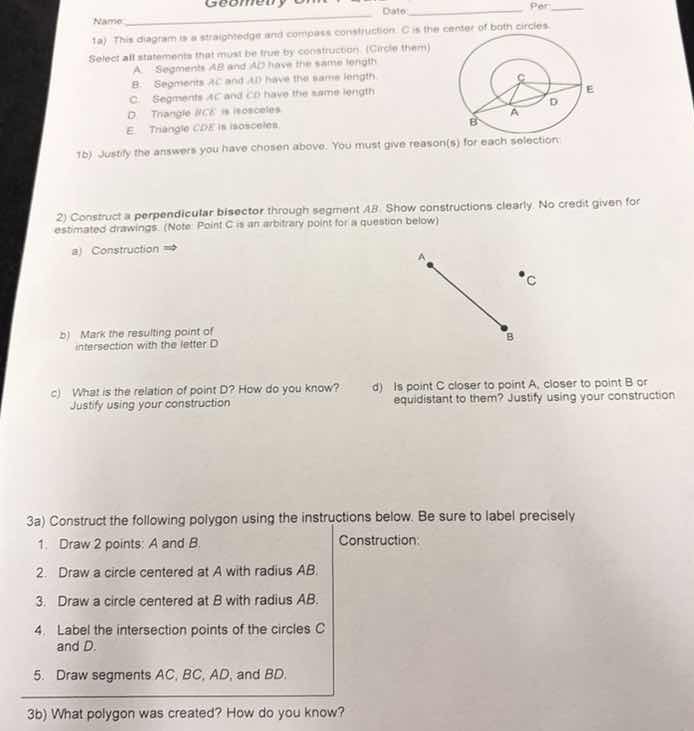 name: geometry date per: 1a) this diagram is a straightedge and compass…