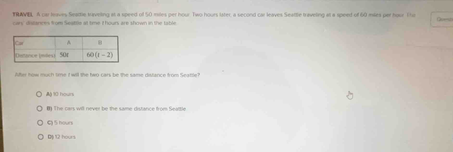 travel a car leaves seattle traveling at a speed of 50 miles per hour. …