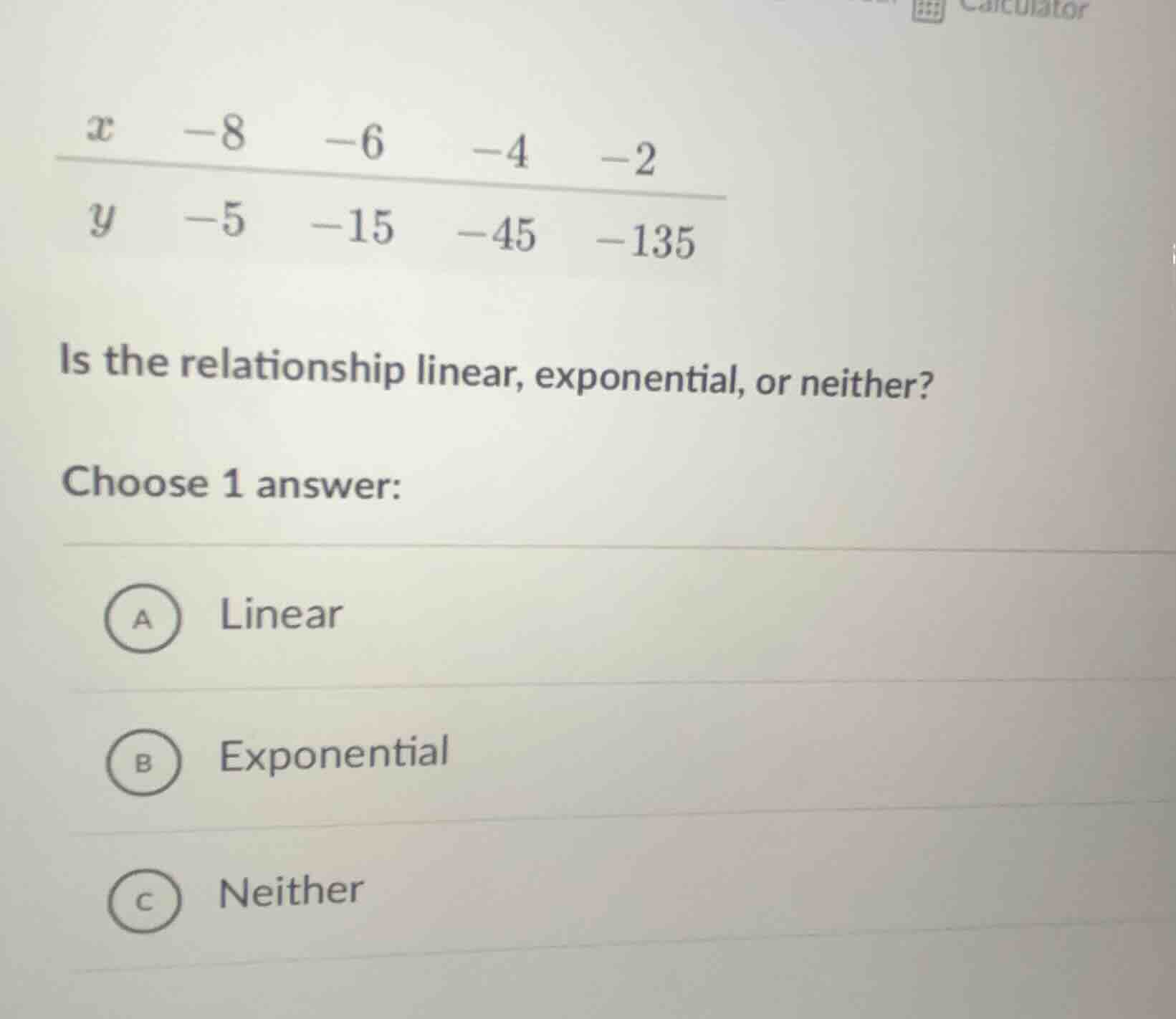 x -8 -6 -4 -2 y -5 -15 -45 -135 is the relationship linear, exponential…