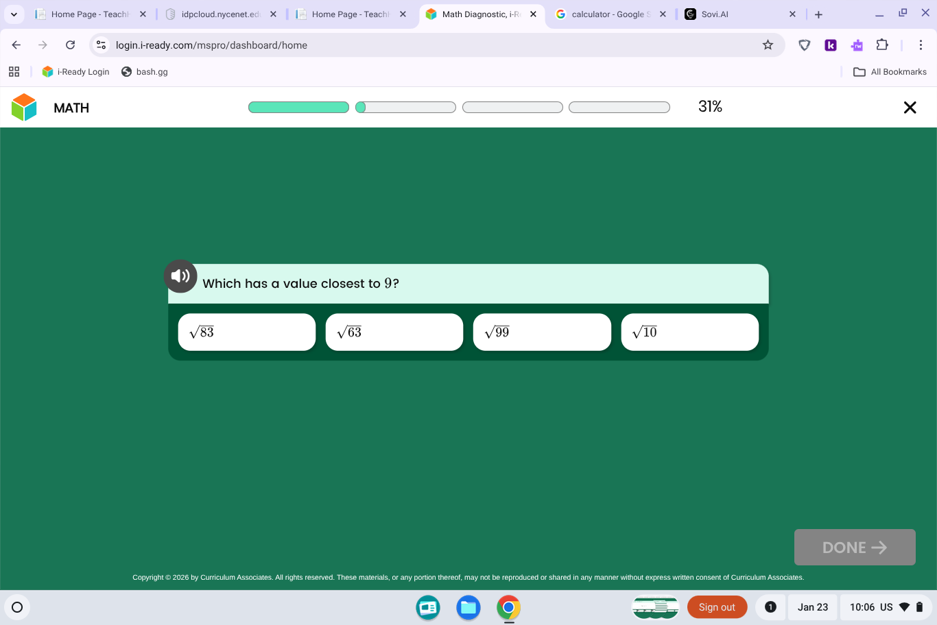 which has a value closest to 9? \\(\\sqrt{83}\\) \\(\\sqrt{63}\\) \\(\\…