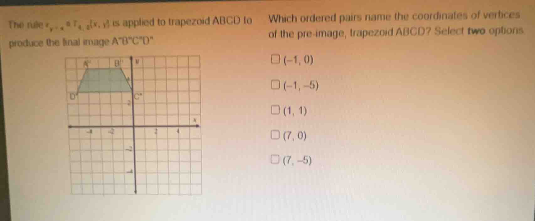 the rule $r_{y - x} \\circ t_{4, 2}(x, y)$ is applied to trapezoid abcd…
