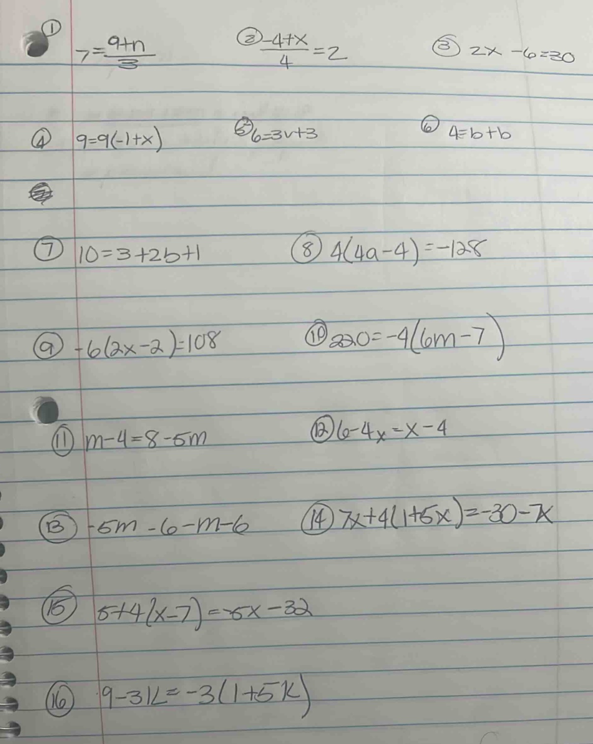 ① $7 = \\frac{9 + n}{3}$ ② $\\frac{-4 + x}{4} = 2$ ③ $2x - 6 = 30$ ④ $9…
