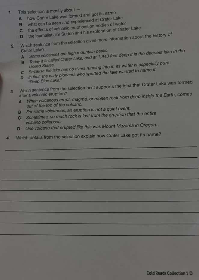 1 this selection is mostly about — a how crater lake was formed and got…