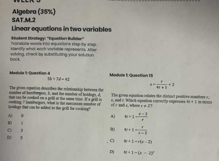 week 3 algebra (35%) sat.m.2 linear equations in two variables student …