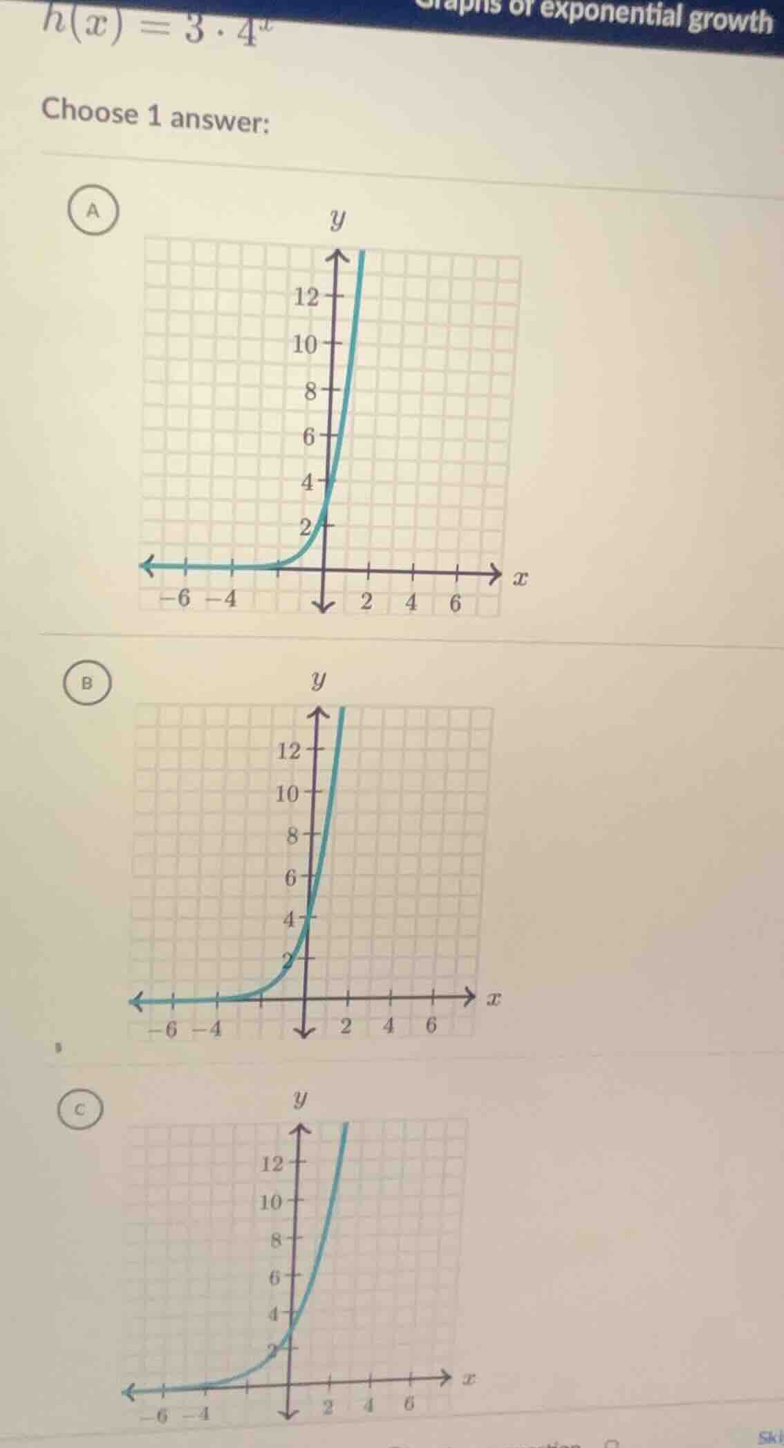 h(x) = 3·4^x choose 1 answer: a graph a b graph b c graph c