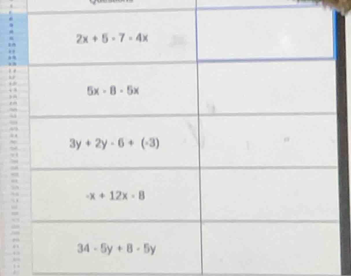 2x + 5 - 7 = 4x 5x - 8 - 5x 3y + 2y - 6 + (-3) -x + 12x - 8 34 - 5y + 8…