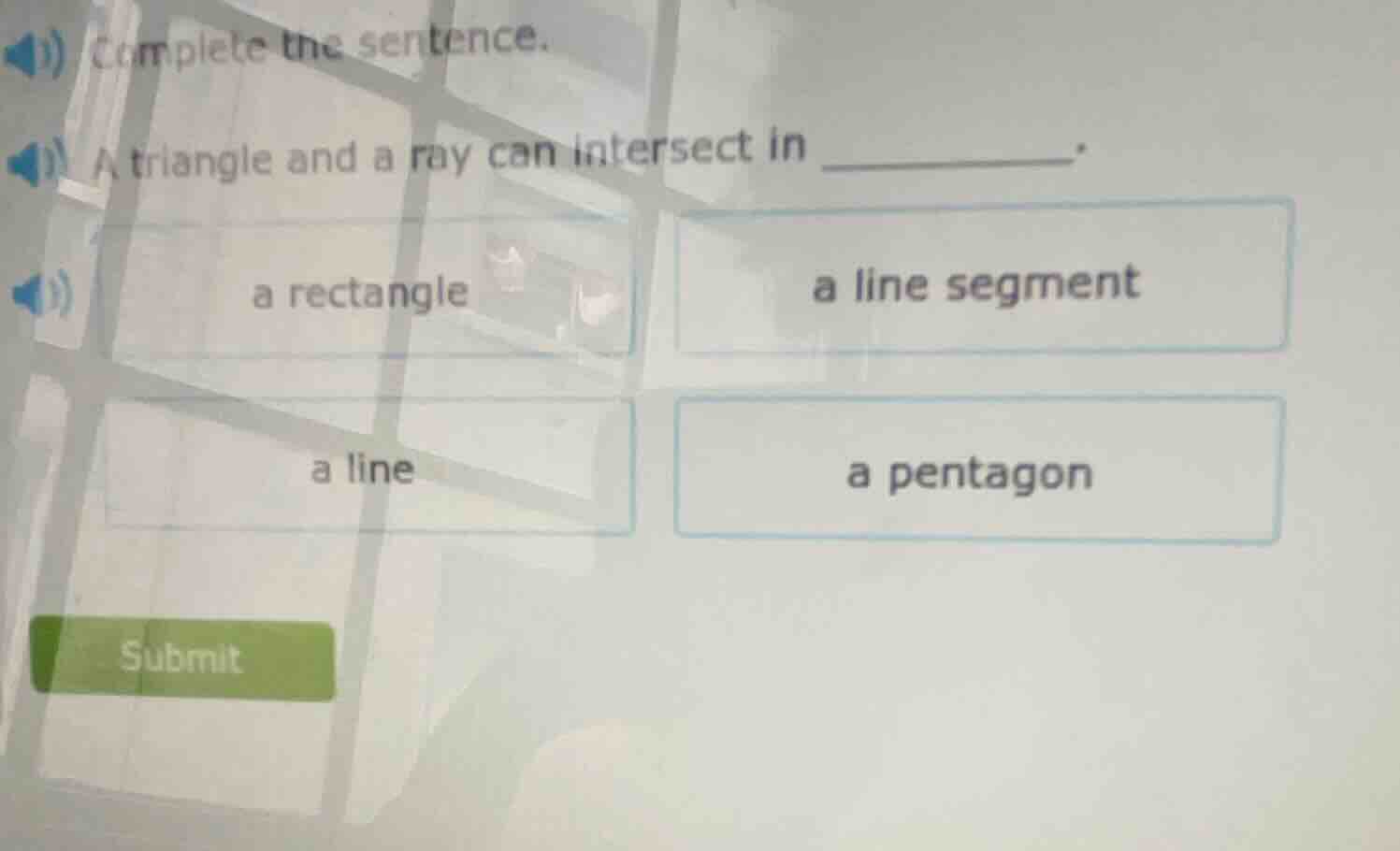complete the sentence. a triangle and a ray can intersect in ______. op…