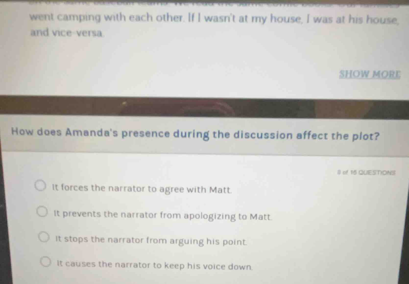 how does amandas presence during the discussion affect the plot? 8 of 1…
