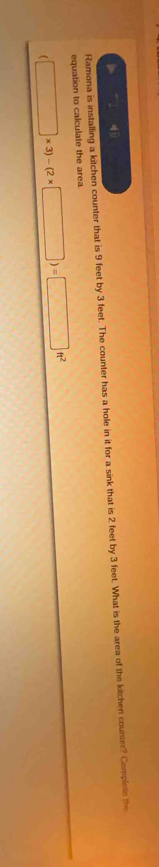 ramona is installing a kitchen counter that is 9 feet by 3 feet. the co…