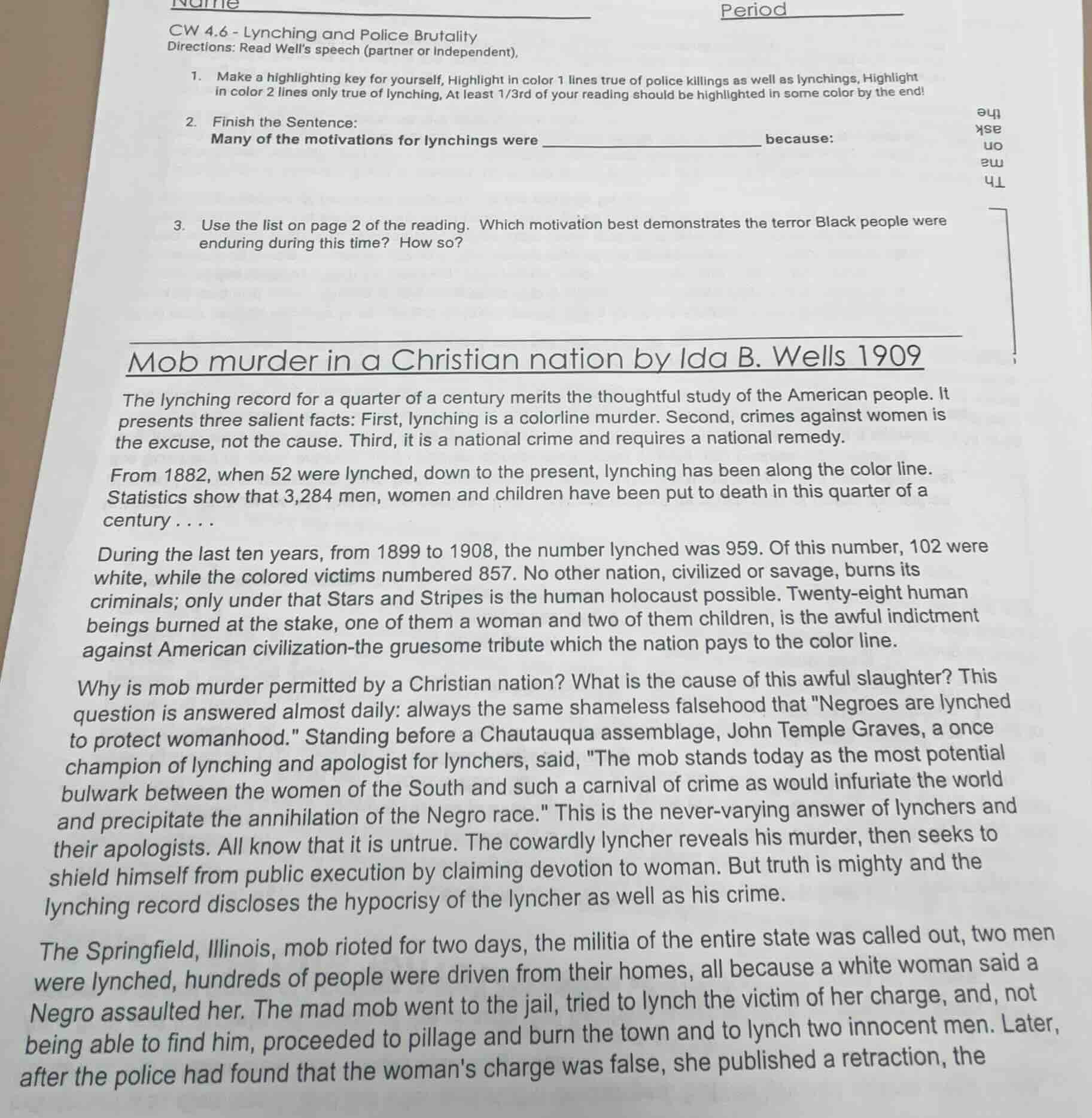 name period cw 4.6 - lynching and police brutality directions: read wel…