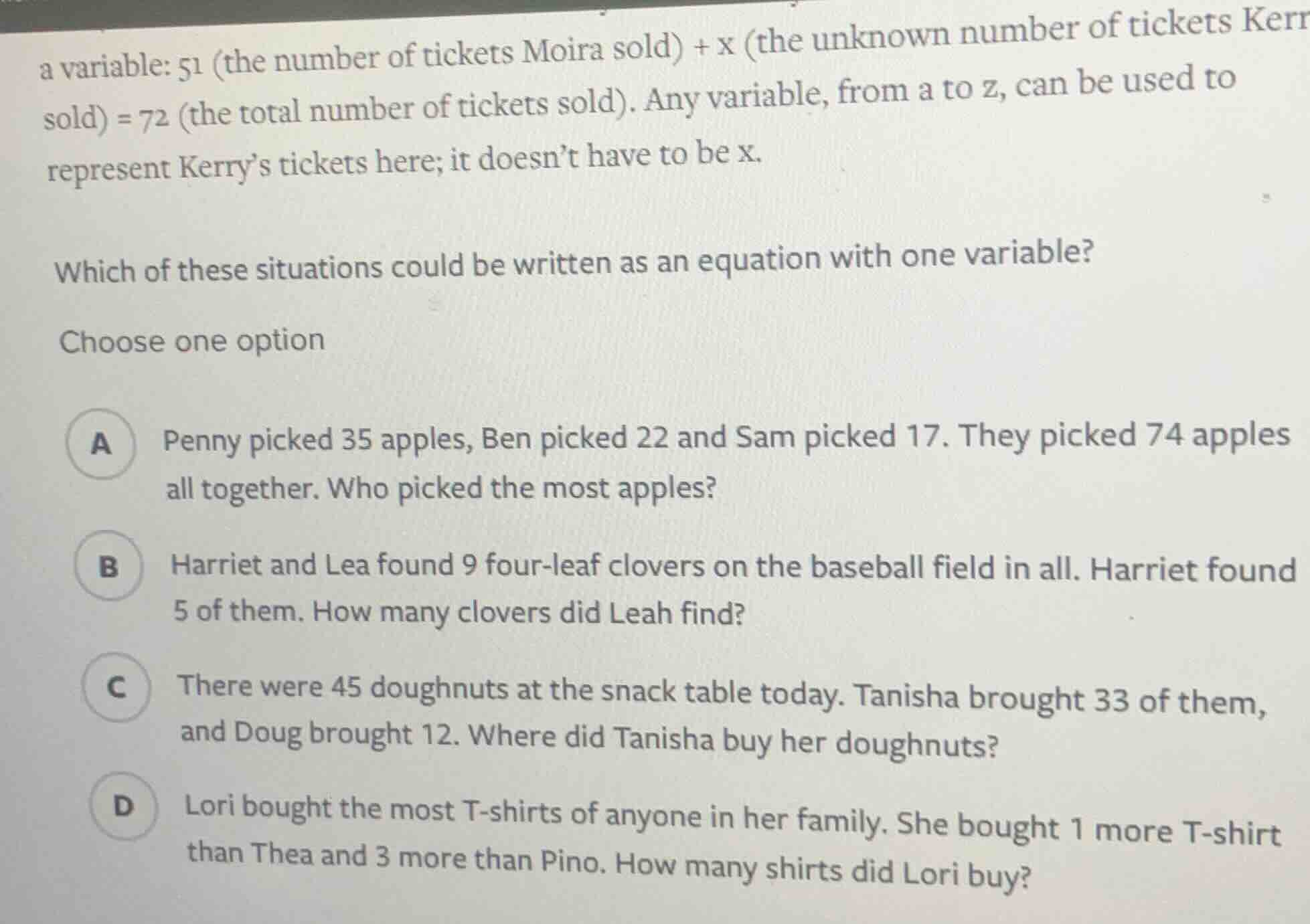 a variable: 51 (the number of tickets moira sold) + x (the unknown numb…