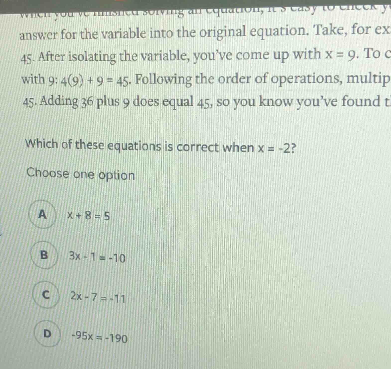 which of these equations is correct when x = -2? choose one option a x …