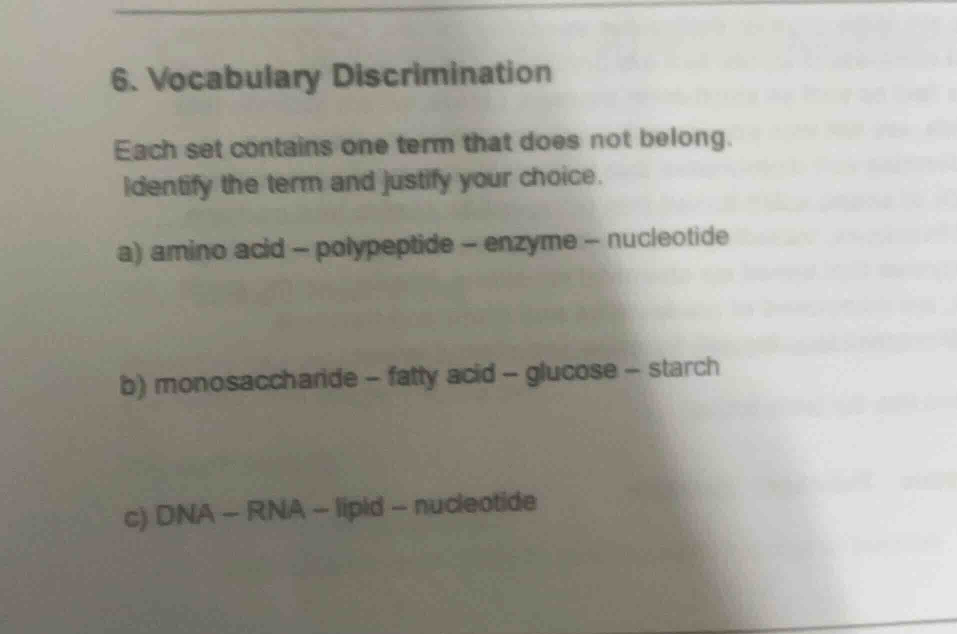 6. vocabulary discrimination each set contains one term that does not b…