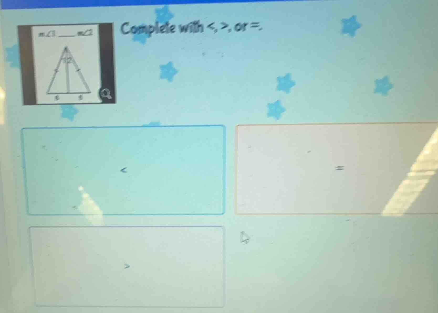 complete with <, >, or =. m∠1 ______ m∠2