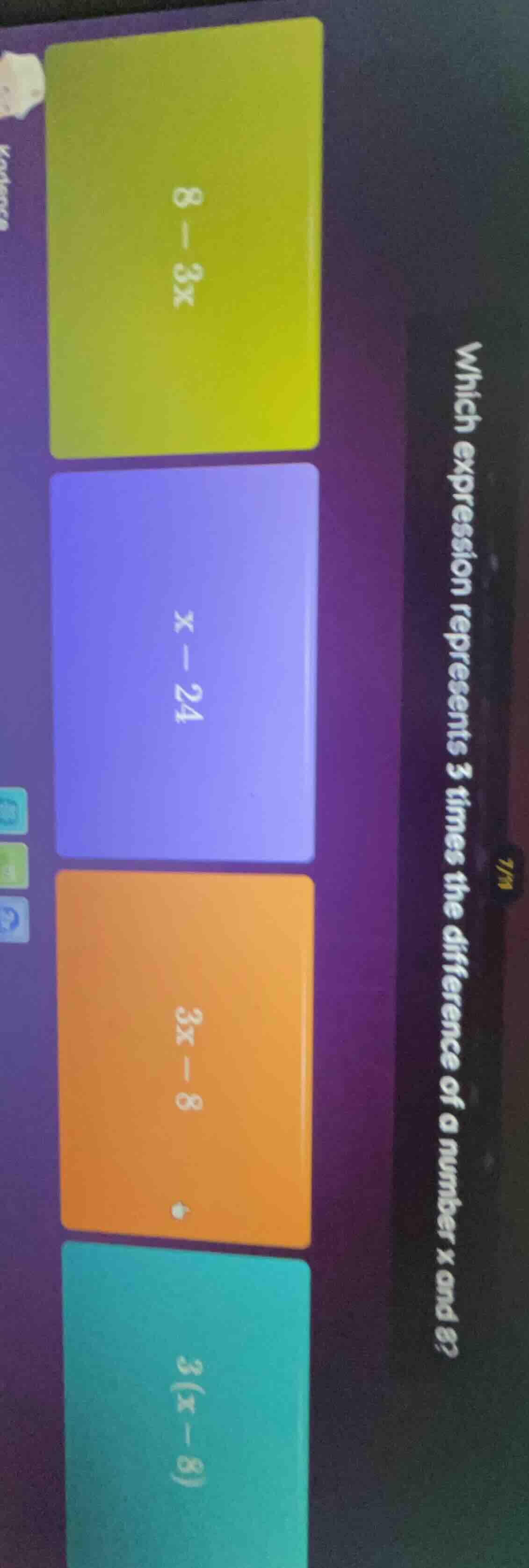 which expression represents 3 times the difference of a number x and 8?…