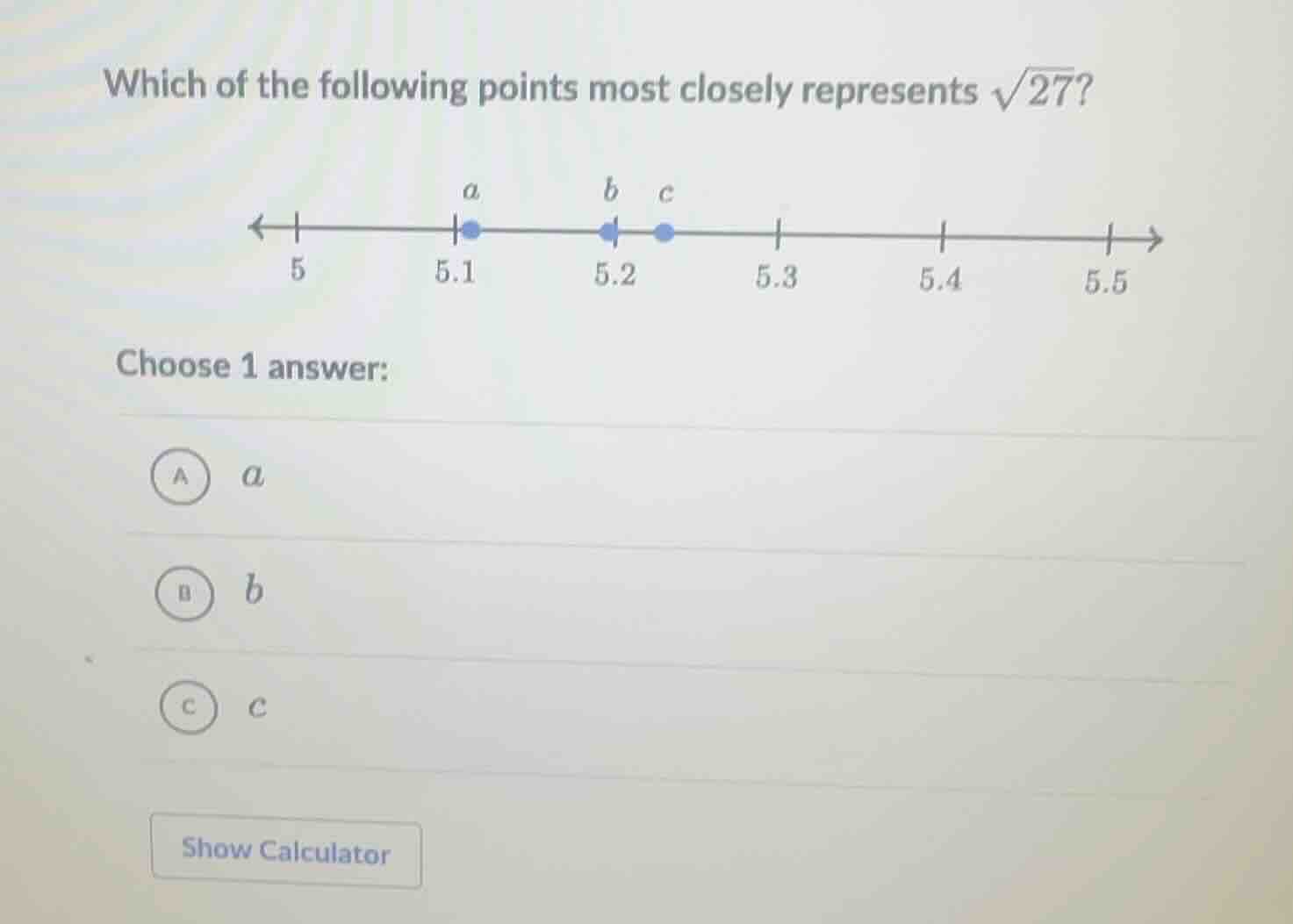 which of the following points most closely represents \\(\\sqrt{27}\\)?…