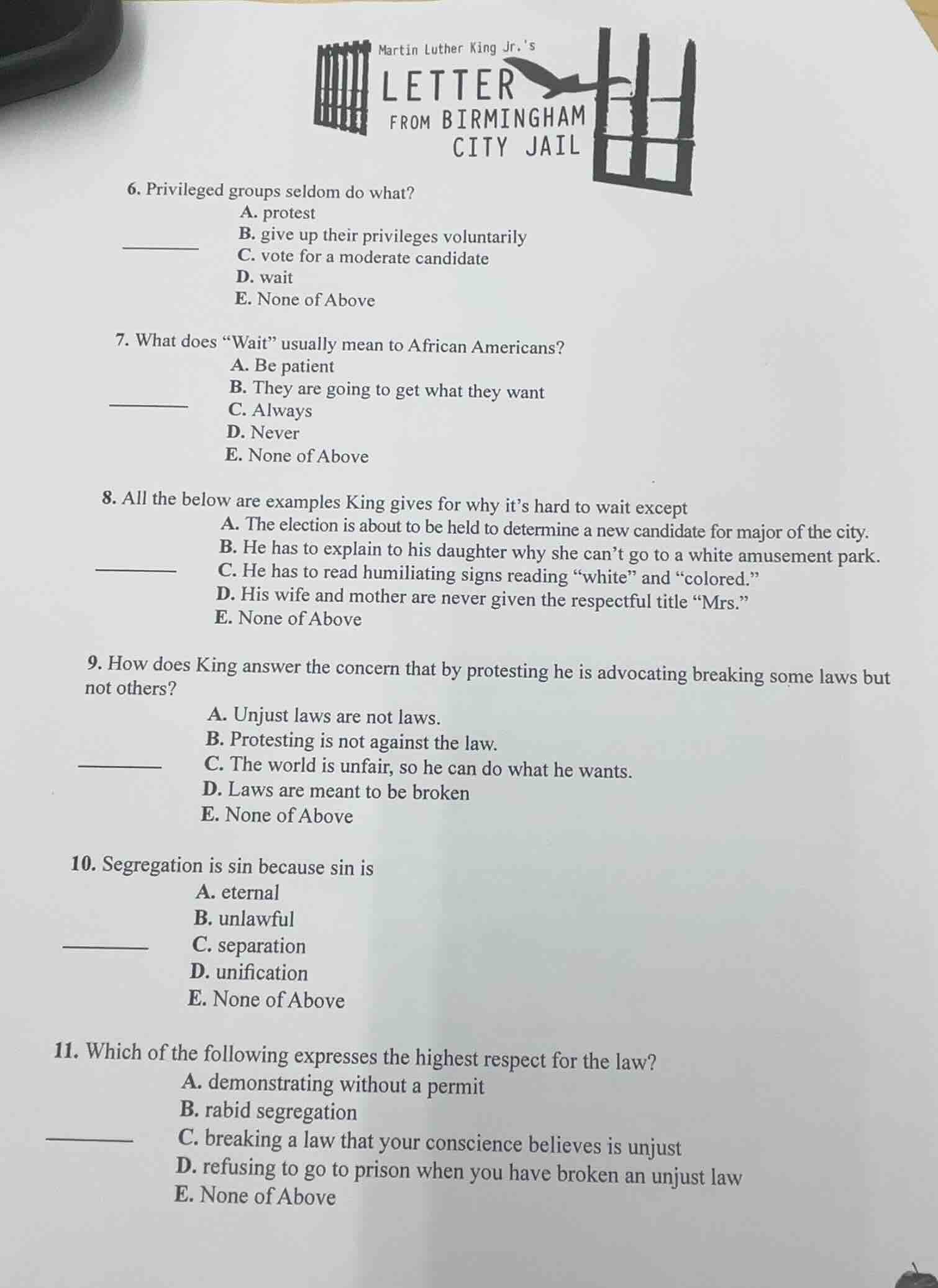 martin luther king jr.s letter from birmingham city jail 6. privileged …