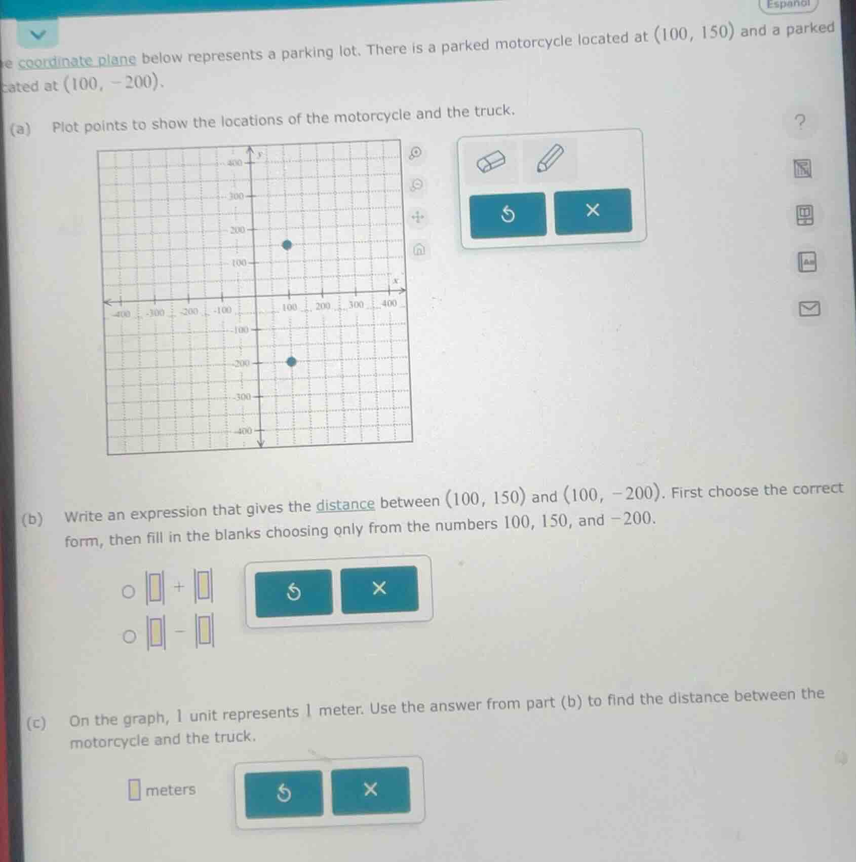 the coordinate plane below represents a parking lot. there is a parked …