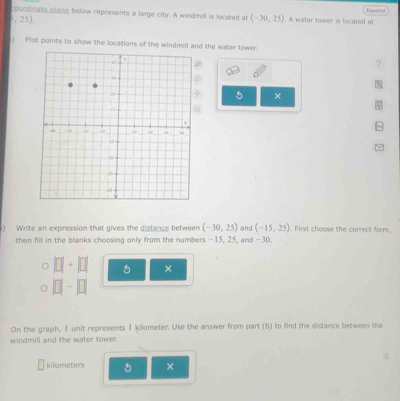coordinate plane below represents a large city. a windmill is located a…