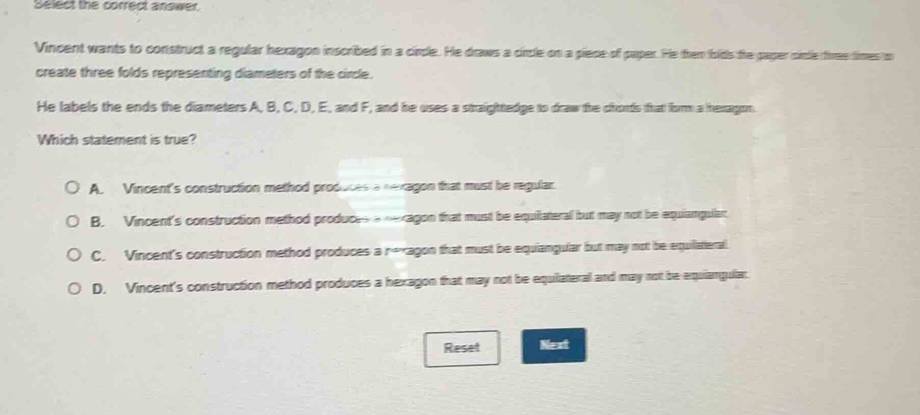 select the correct answer. vincent wants to construct a regular hexagon…