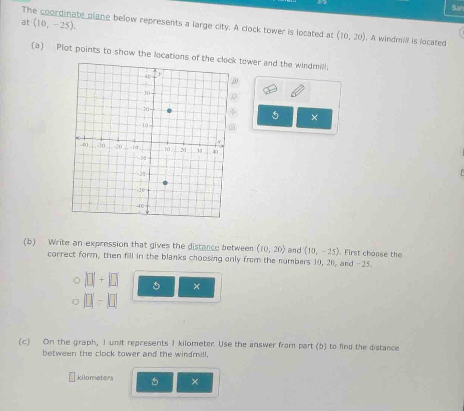 the coordinate plane below represents a large city. a clock tower is lo…
