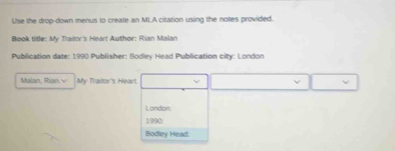 use the drop - down menus to create an mla citation using the notes pro…