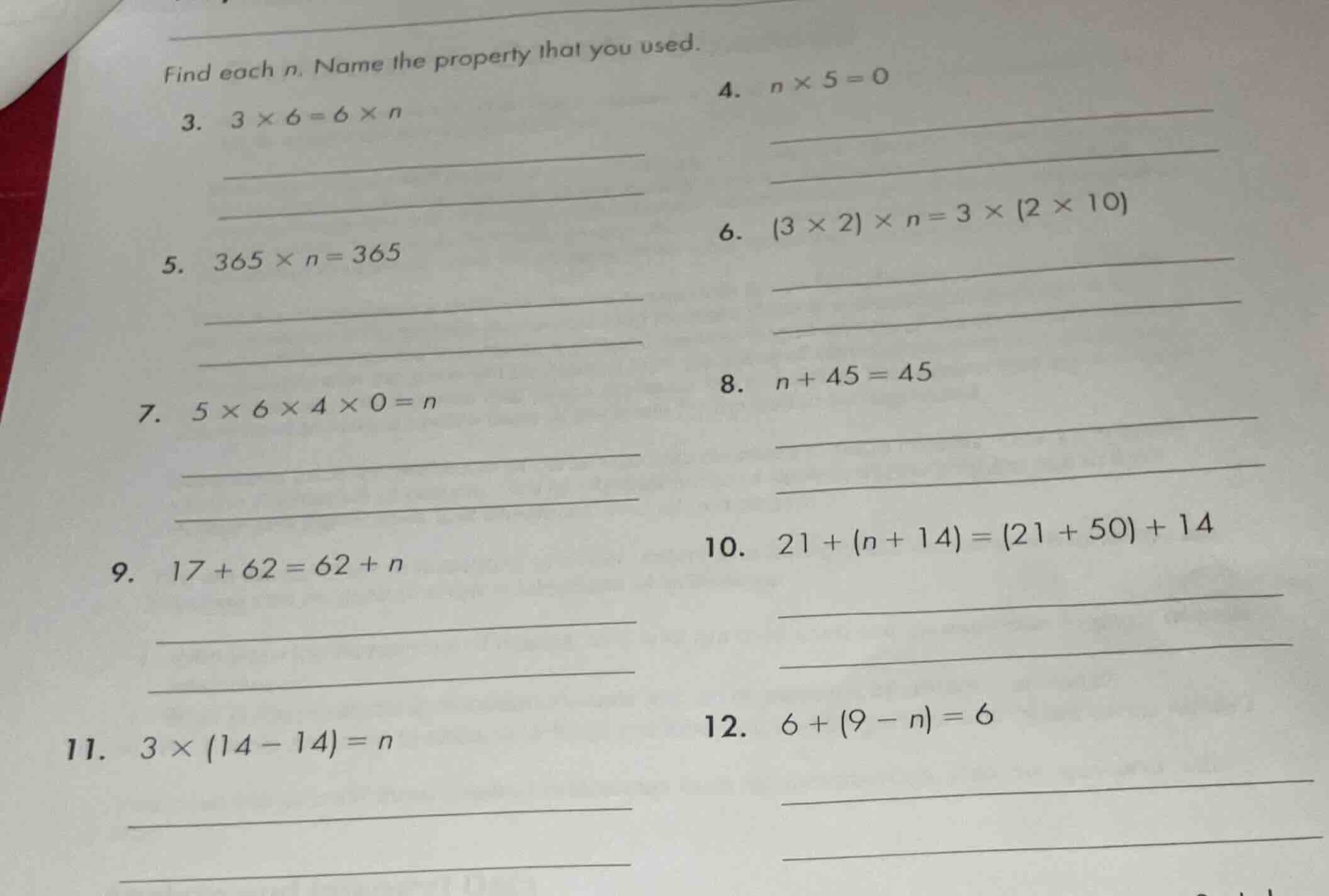 find each n. name the property that you used. 3. $3 \\times 6 = 6 \\tim…