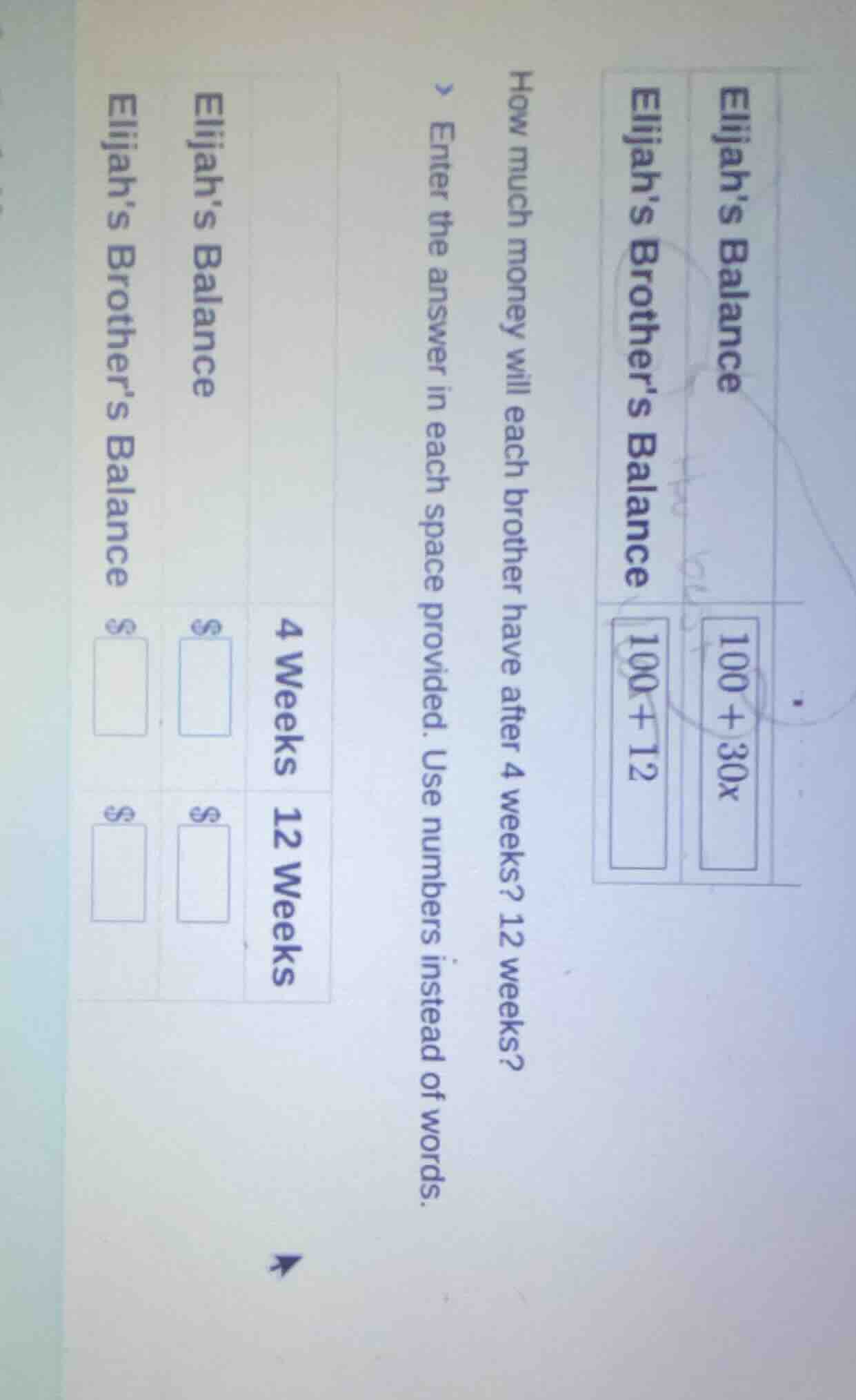 elijah’s balance elijah’s brother’s balance 100 + 30x 100 + 12 how much…