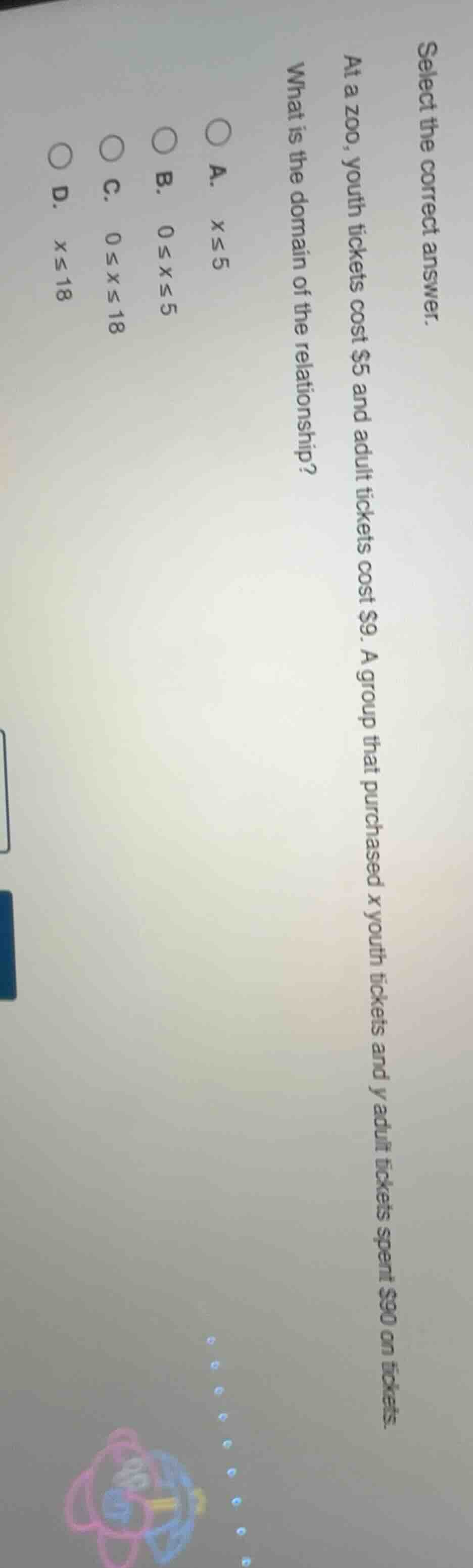 select the correct answer. at a zoo, youth tickets cost $5 and adult ti…