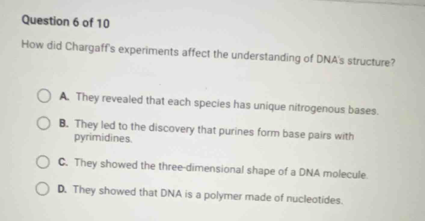 question 6 of 10 how did chargaff’s experiments affect the understandin…