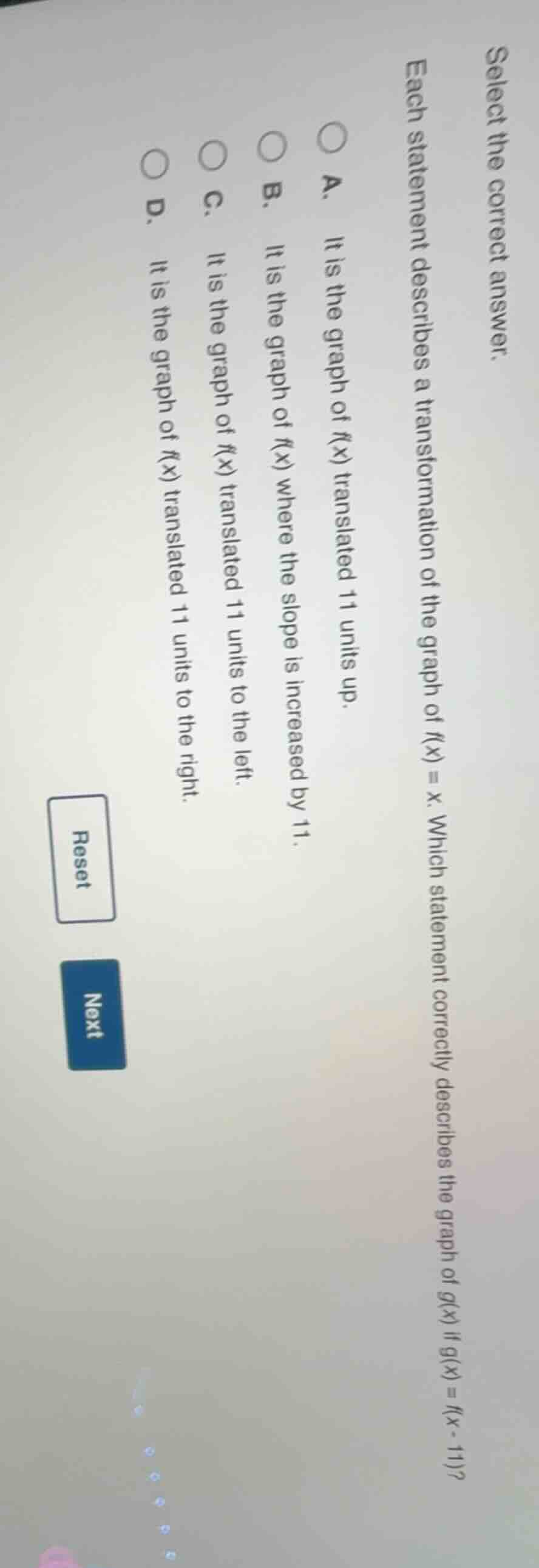 select the correct answer. each statement describes a transformation of…