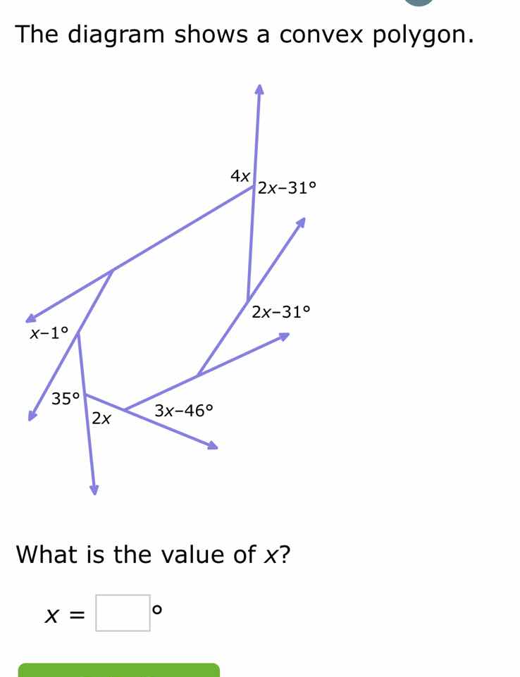 the diagram shows a convex polygon. what is the value of x? x = \\squar…