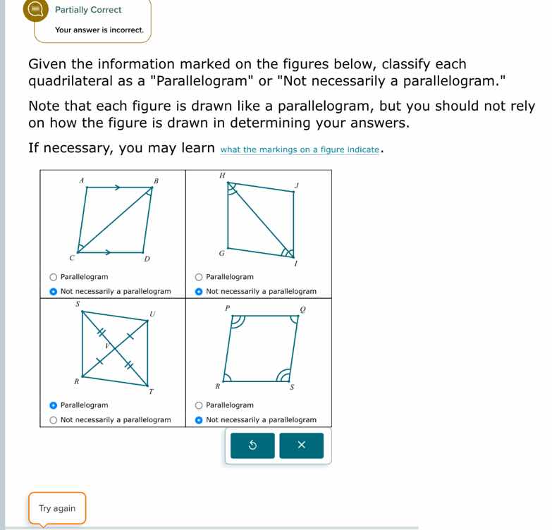 given the information marked on the figures below, classify each quadri…
