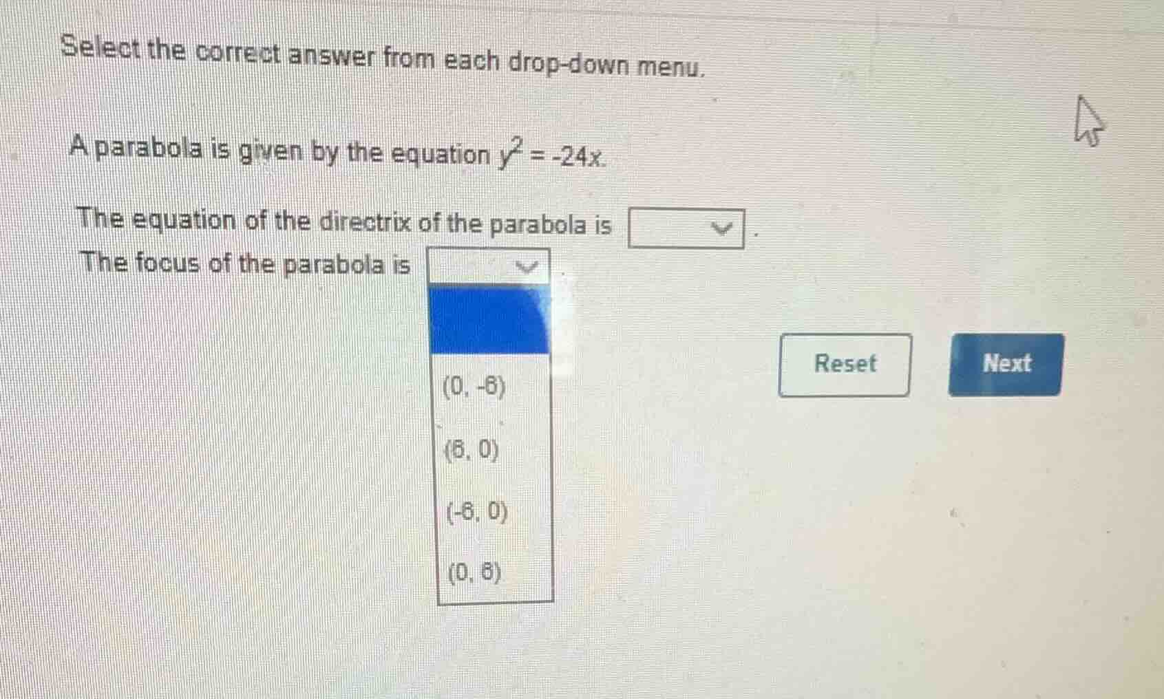 select the correct answer from each drop - down menu. a parabola is giv…